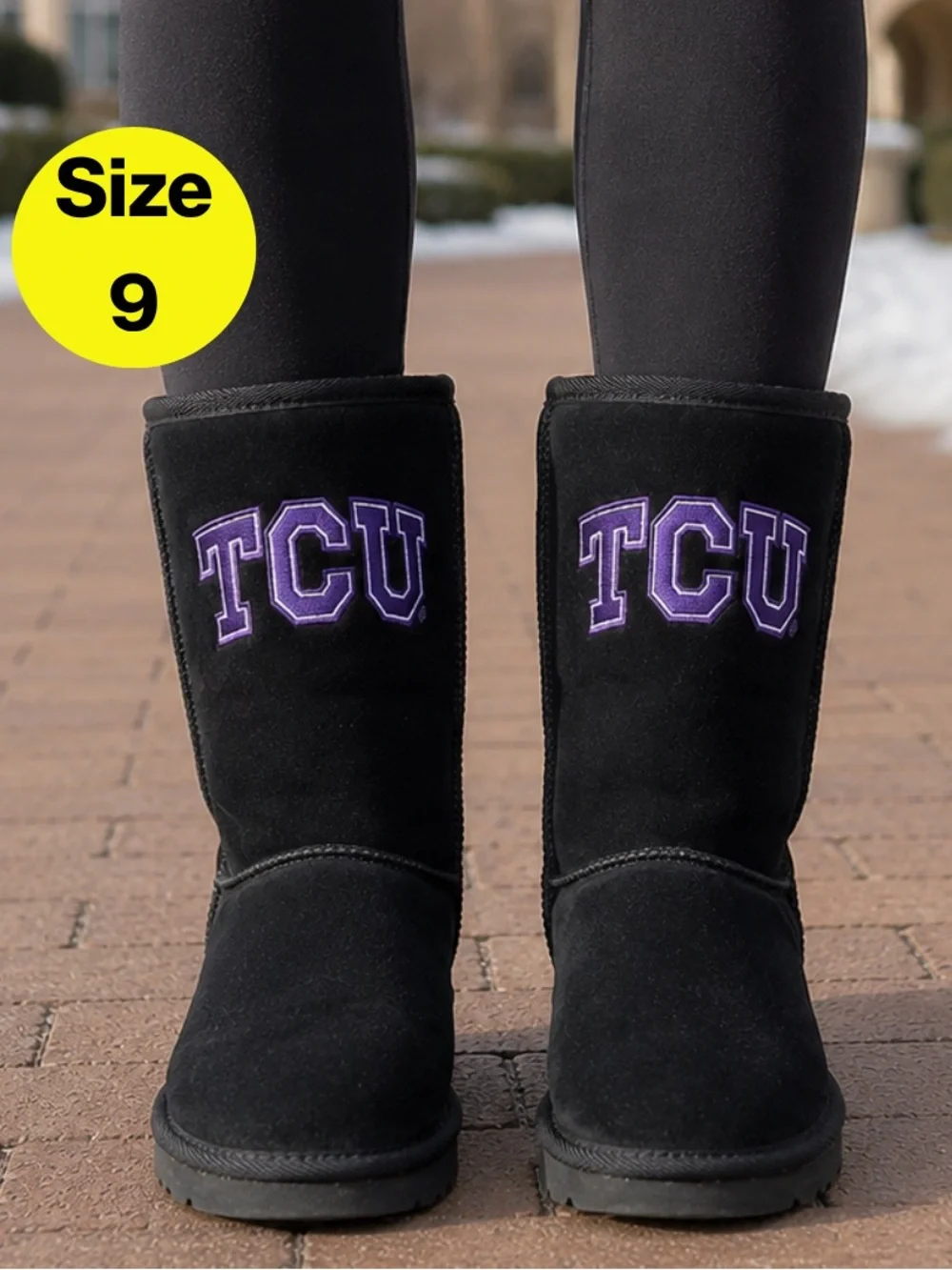 TCU 💜 Women’s Black Suede UGG-Style Calf-High, Faux Fur Boots (Size 9)